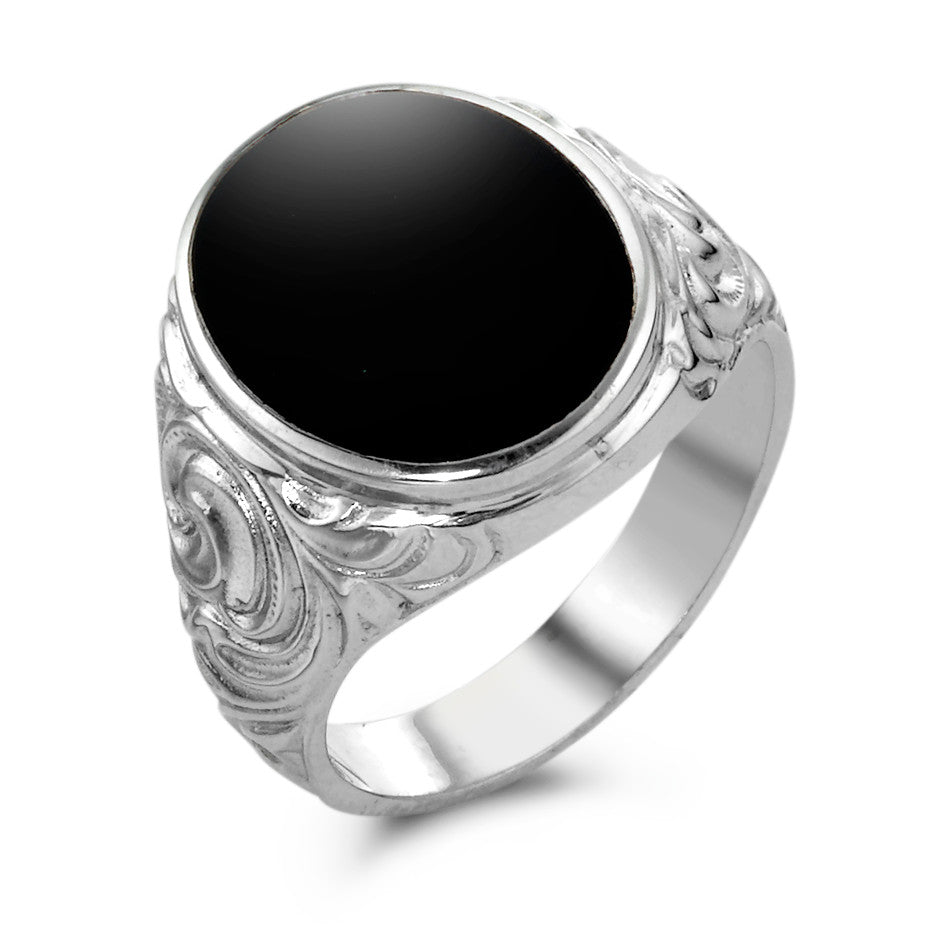 Fingerring Sølv Onyx rhodineret