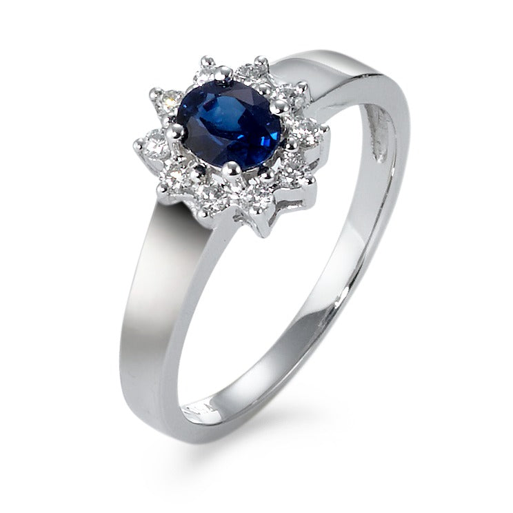 Fingerring 750/18K hvidguld Safir blå , [oval], Diamant hvid , 0.14 ct, 10 Sten , w-si