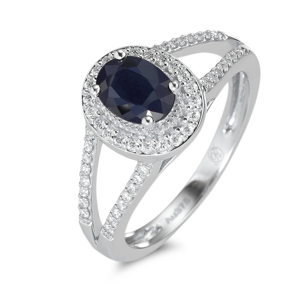 Fingerring 375/9K hvidguld Safir blå , 0.95 ct, [oval], AAA, Diamant hvid , 0.23 ct, 12 Sten , w-pi1