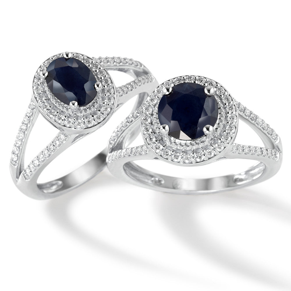 Fingerring 375/9K hvidguld Safir blå , 0.95 ct, [oval], AAA, Diamant hvid , 0.23 ct, 12 Sten , w-pi1