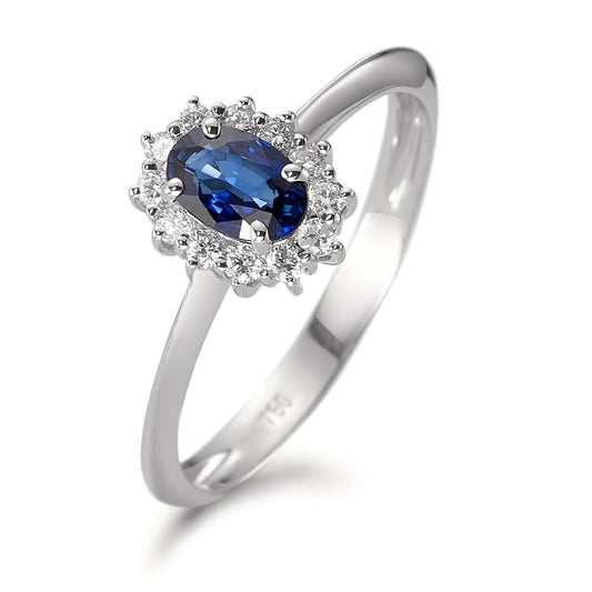 Fingerring 750/18K hvidguld Safir blå , [oval], Diamant hvid , 0.18 ct, 12 Sten , w-pi1