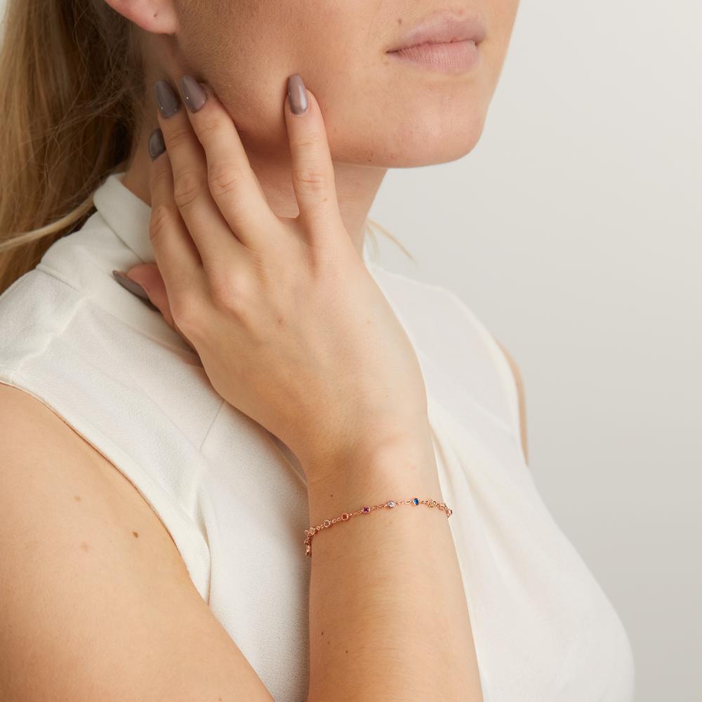 Armbånd Sølv Zirconia farverig , 15 Sten rose forgyldt 15.5-18.5 cm