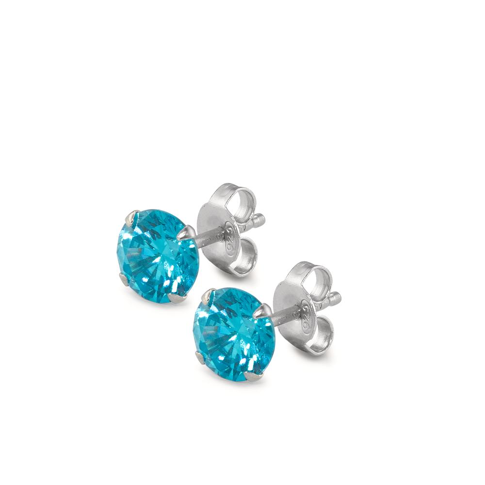 Ørestikker Sølv Zirconia aqua , 2 Sten rhodineret Ø7 mm