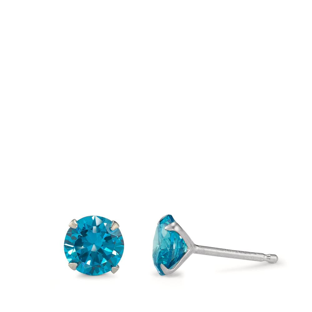 Ørestikker Sølv Zirconia aqua , 2 Sten rhodineret Ø7 mm