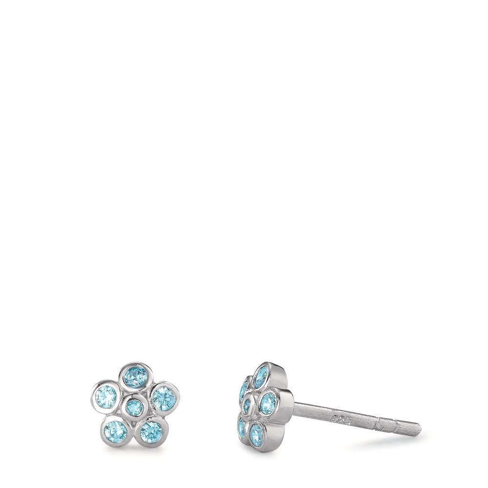 Ørestikker Sølv Zirconia aqua , 12 Sten rhodineret Blomst Ø6 mm