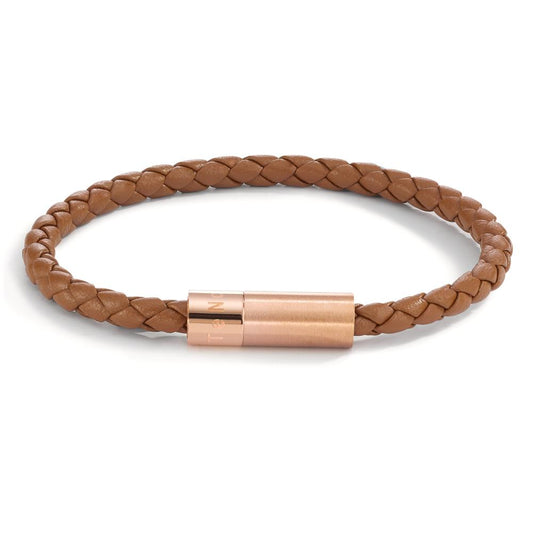 Armbånd Læder, Rustfrit stål rose IP belagt 19 cm