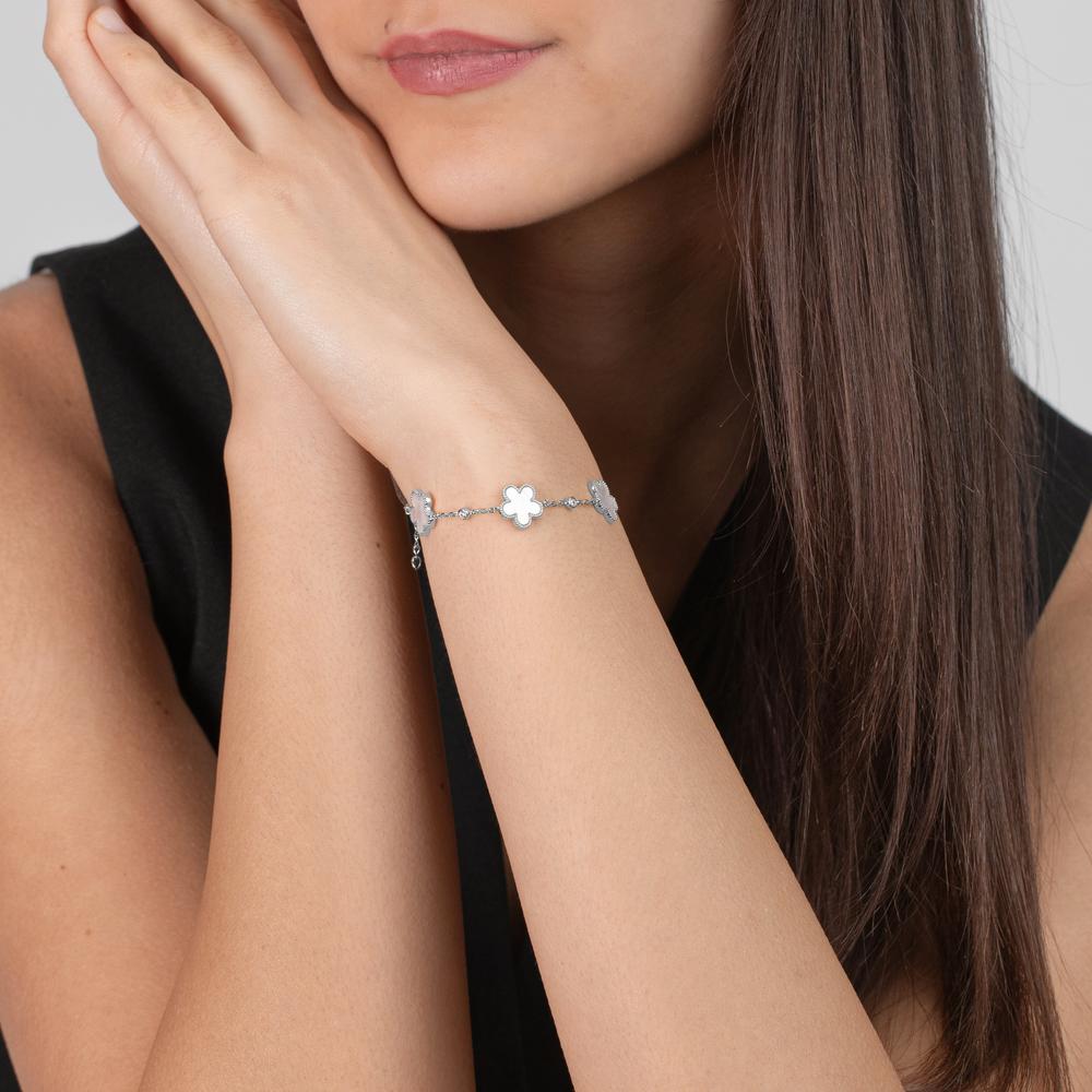 Armbånd Sølv Zirconia 3 Sten rhodineret Perlemor Blomst 15.5-18 cm