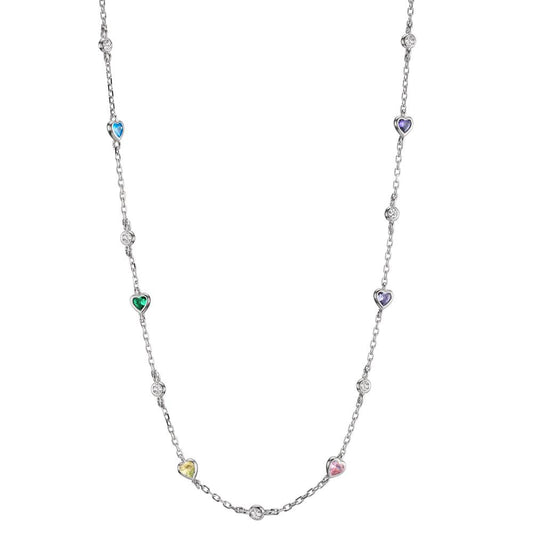 Collier Sølv Zirconia farverig , 13 Sten rhodineret Hjerte 34-39 cm