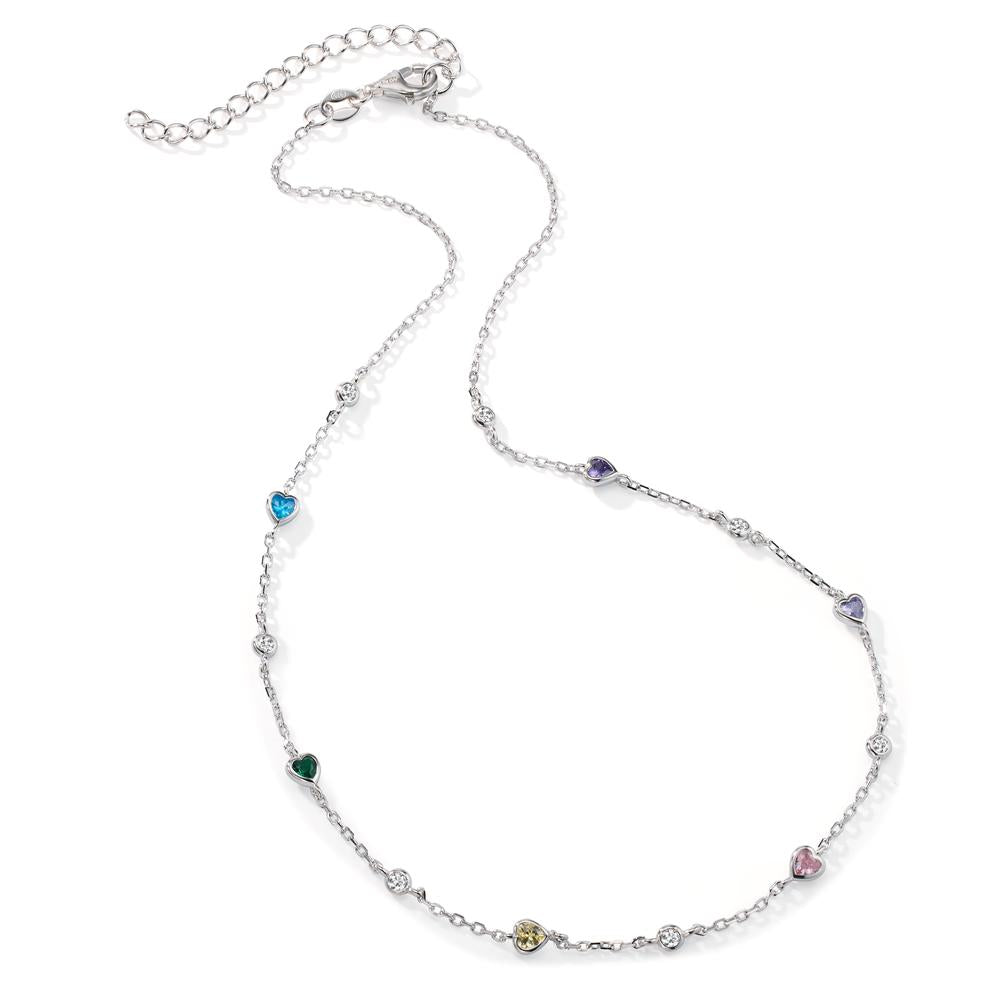 Collier Sølv Zirconia farverig , 13 Sten rhodineret Hjerte 34-39 cm