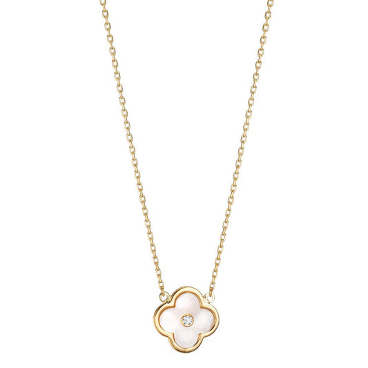 Collier 375/9K guld Zirconia Perlemor Blomst 45 cm